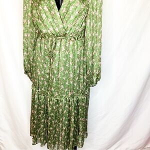 Green Floral  Midi Dress with Tie Waist